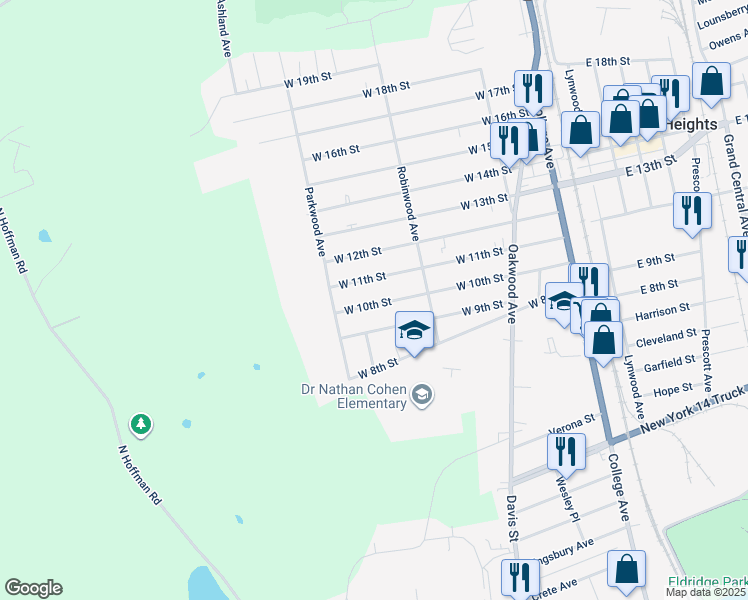 map of restaurants, bars, coffee shops, grocery stores, and more near 263 West 11th Street in Elmira