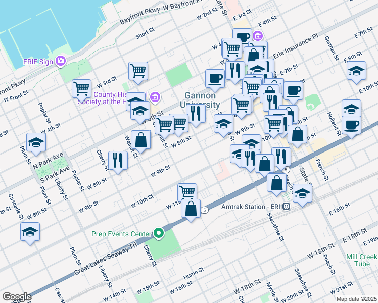 map of restaurants, bars, coffee shops, grocery stores, and more near 331 West 8th Street in Erie