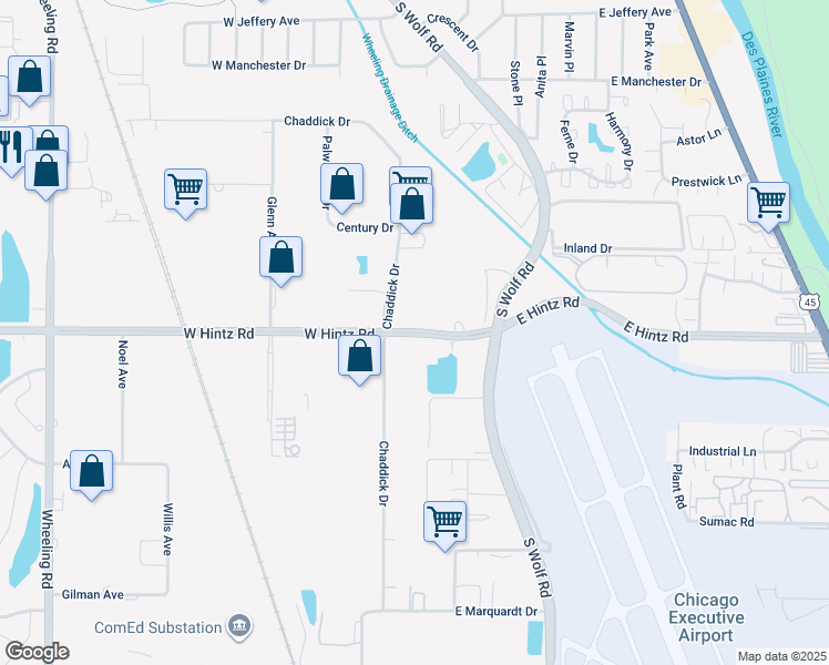 map of restaurants, bars, coffee shops, grocery stores, and more near 140 East Hintz Road in Wheeling