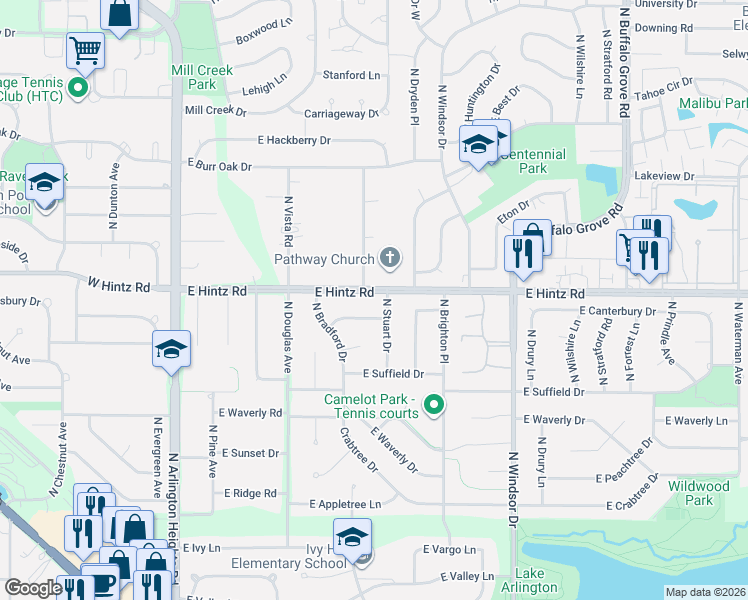 map of restaurants, bars, coffee shops, grocery stores, and more near 815e East Hintz Road in Arlington Heights