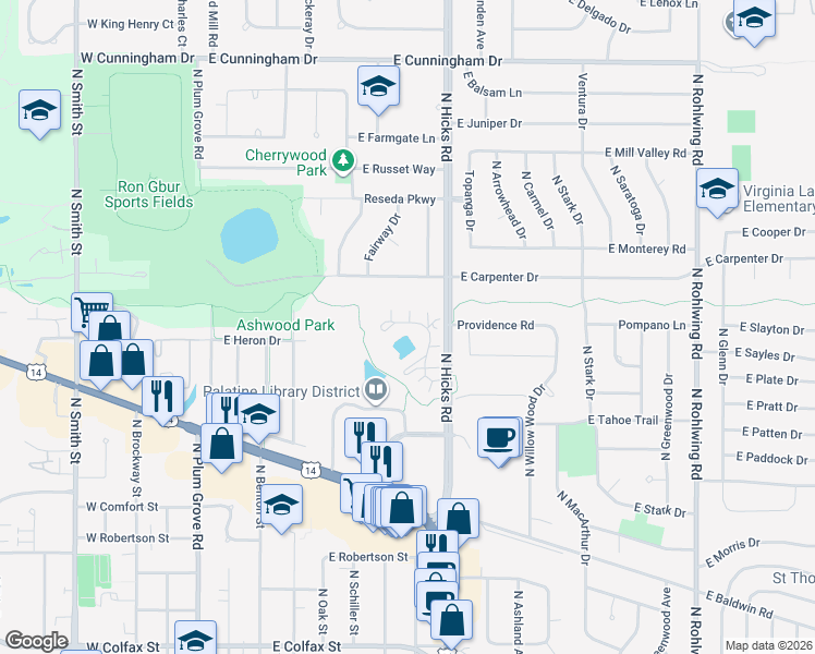 map of restaurants, bars, coffee shops, grocery stores, and more near 290 East Rimini Court in Palatine
