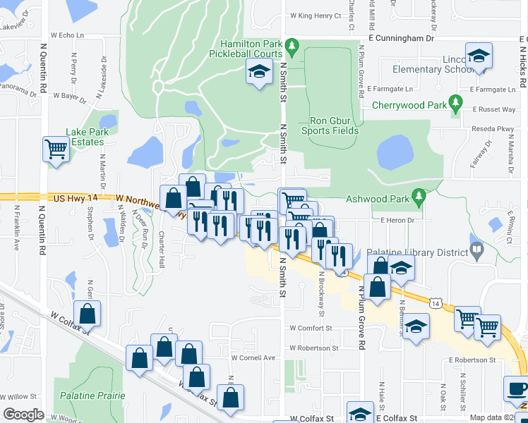 map of restaurants, bars, coffee shops, grocery stores, and more near 259 West Jennifer Lane in Palatine