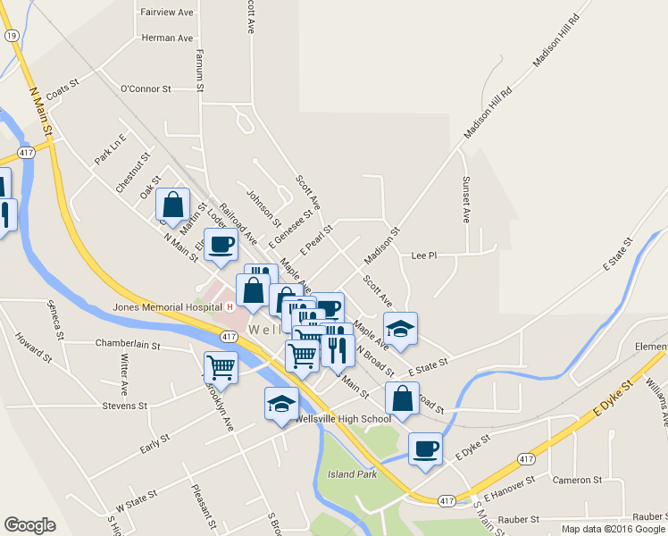 map of restaurants, bars, coffee shops, grocery stores, and more near 112 Jefferson Street in Wellsville