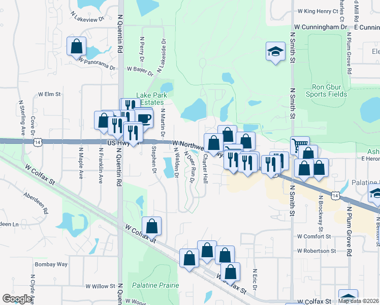 map of restaurants, bars, coffee shops, grocery stores, and more near 751 North Deer Run Drive in Palatine