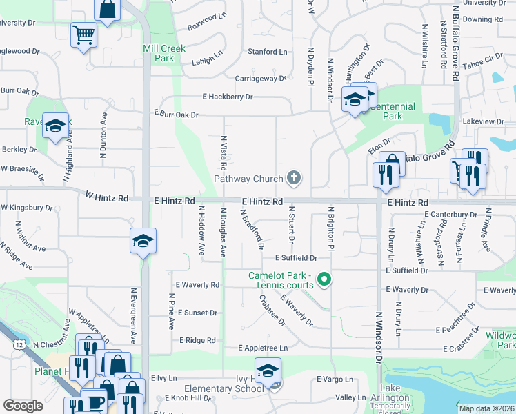map of restaurants, bars, coffee shops, grocery stores, and more near 715 E Hintz Rd in Arlington Heights