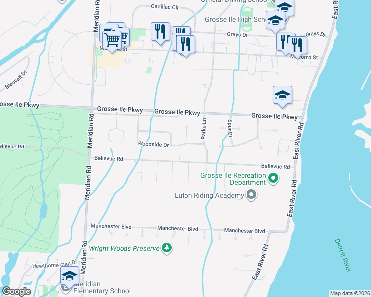 map of restaurants, bars, coffee shops, grocery stores, and more near 8597 Woodside Drive in Grosse Ile Township
