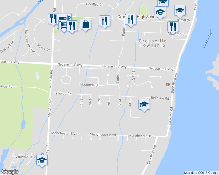 map of restaurants, bars, coffee shops, grocery stores, and more near 8597 Woodside Drive in Grosse Ile Township
