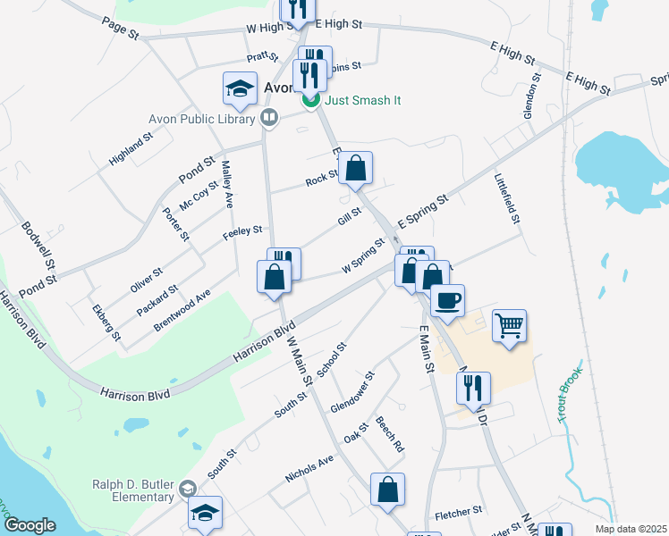 map of restaurants, bars, coffee shops, grocery stores, and more near 60 West Spring Street in Avon