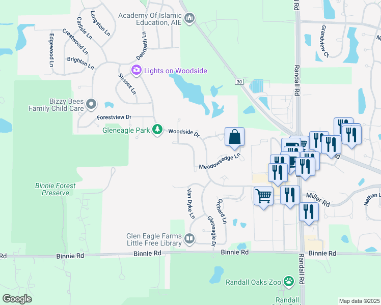 map of restaurants, bars, coffee shops, grocery stores, and more near 2425 Meadowsedge Lane in Carpentersville