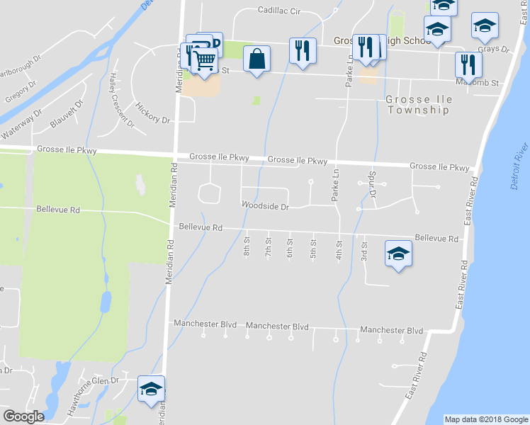 map of restaurants, bars, coffee shops, grocery stores, and more near 8769 Woodside Drive in Grosse Ile Township