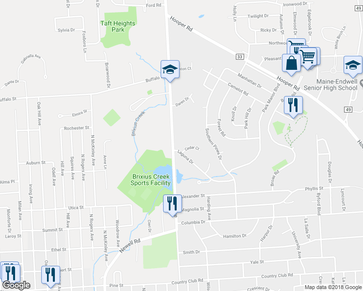 map of restaurants, bars, coffee shops, grocery stores, and more near 2605 Laguna Drive in Endicott