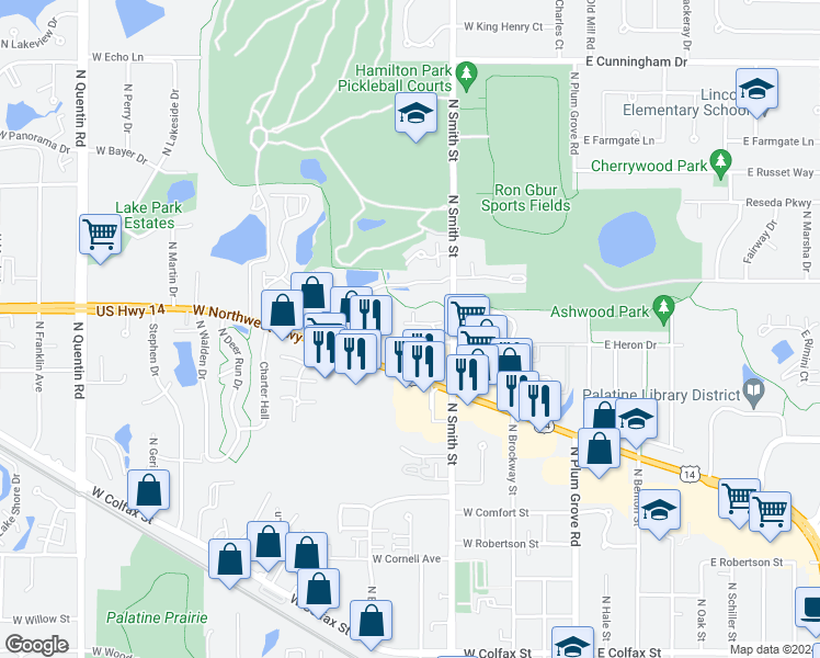 map of restaurants, bars, coffee shops, grocery stores, and more near 259 West Jennifer Lane in Palatine