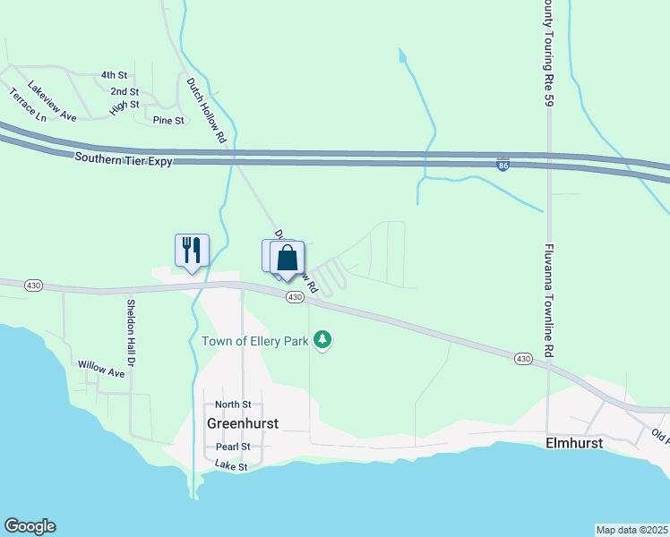 map of restaurants, bars, coffee shops, grocery stores, and more near 107 Greenhurst Village Drive in Jamestown