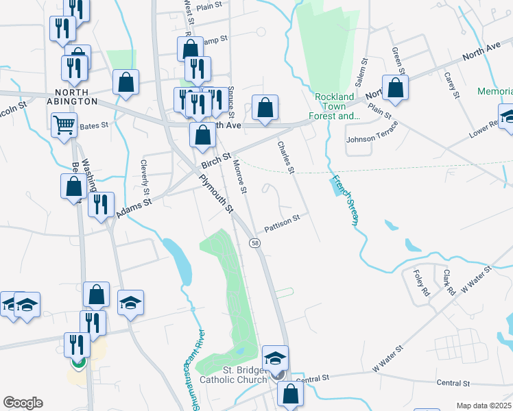 map of restaurants, bars, coffee shops, grocery stores, and more near 63 Monroe Street in Abington