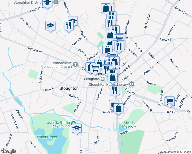 map of restaurants, bars, coffee shops, grocery stores, and more near 2 Canton Street in Stoughton