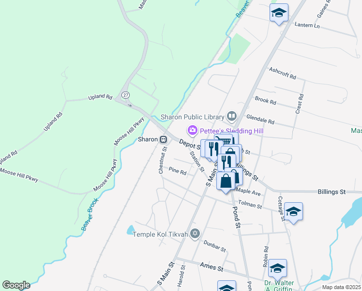 map of restaurants, bars, coffee shops, grocery stores, and more near 48 Depot Street in Sharon