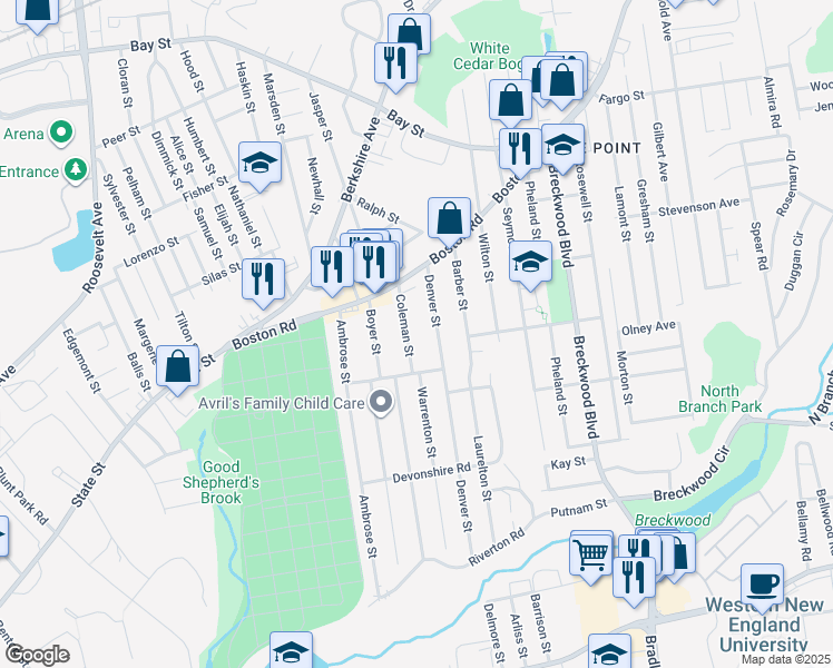 map of restaurants, bars, coffee shops, grocery stores, and more near 38 Coleman Street in Springfield