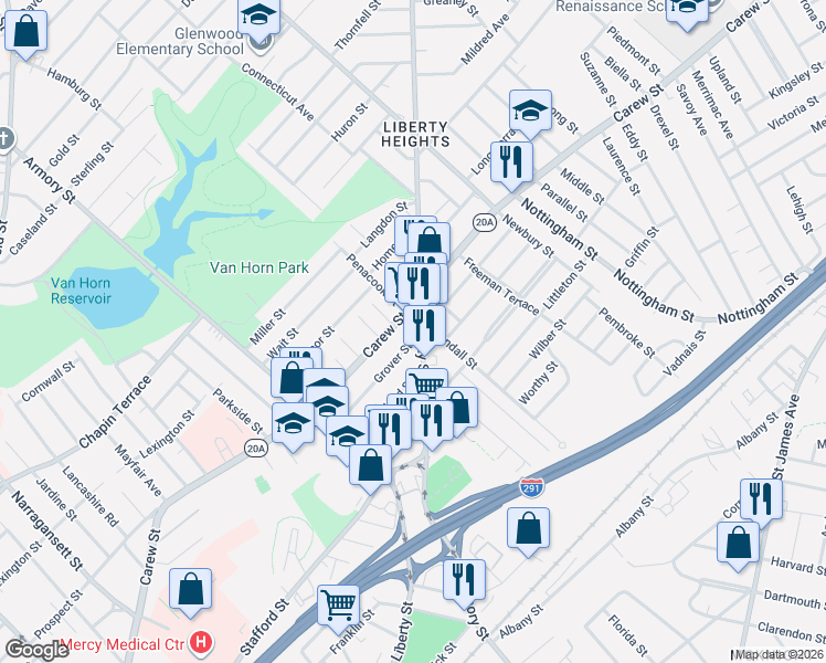 map of restaurants, bars, coffee shops, grocery stores, and more near 739-741 Carew Street in Springfield