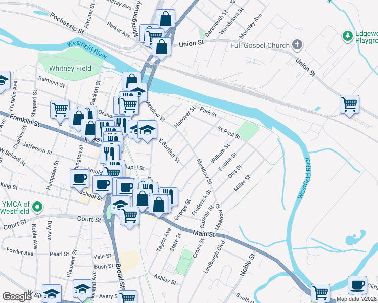 map of restaurants, bars, coffee shops, grocery stores, and more near 2 Lewis Street in Westfield