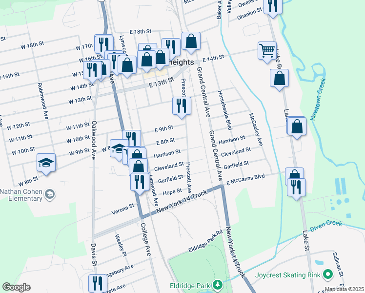 map of restaurants, bars, coffee shops, grocery stores, and more near 143 Prescott Avenue in Elmira Heights