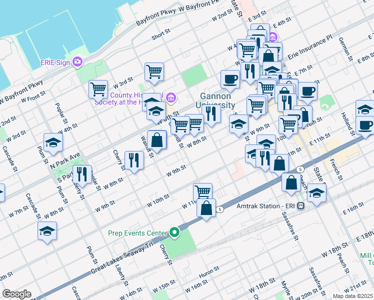 map of restaurants, bars, coffee shops, grocery stores, and more near 402 West 8th Street in Erie