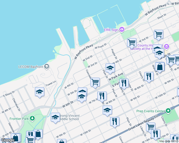 map of restaurants, bars, coffee shops, grocery stores, and more near in Erie