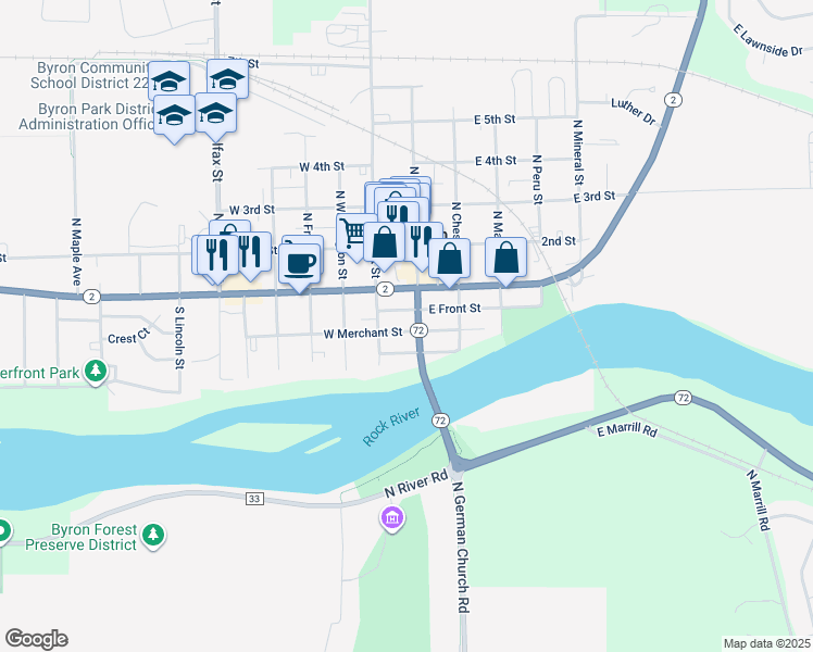 map of restaurants, bars, coffee shops, grocery stores, and more near 20 South Union Street in Byron