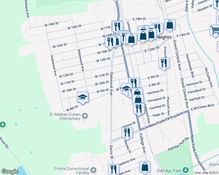 map of restaurants, bars, coffee shops, grocery stores, and more near 155 Oakwood Avenue in Elmira Heights