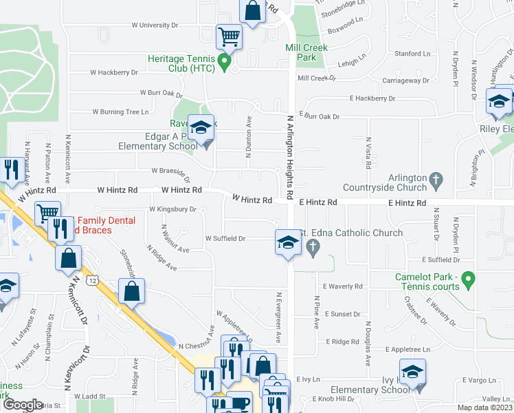 map of restaurants, bars, coffee shops, grocery stores, and more near 3 East Hintz Road in Arlington Heights