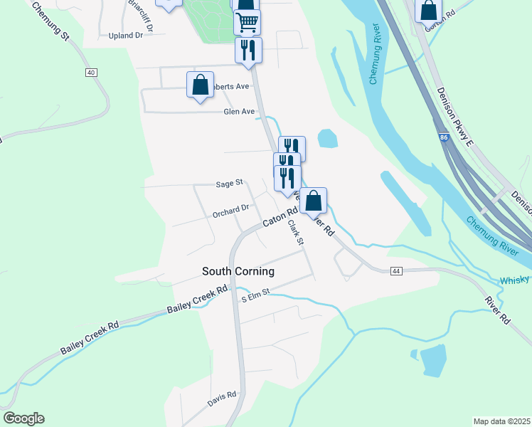 map of restaurants, bars, coffee shops, grocery stores, and more near 8 Caton Road in South Corning