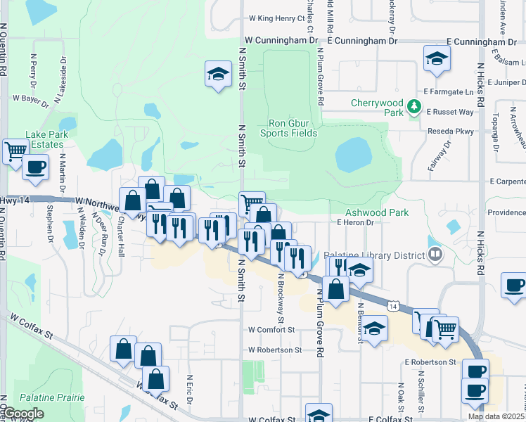 map of restaurants, bars, coffee shops, grocery stores, and more near 157 West Brandon Court in Palatine