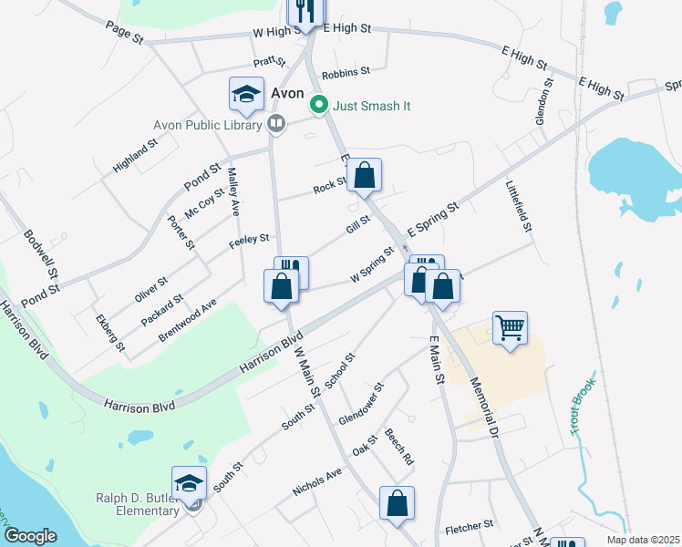 map of restaurants, bars, coffee shops, grocery stores, and more near 60 West Spring Street in Avon