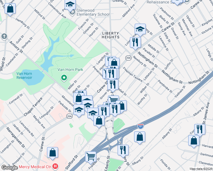map of restaurants, bars, coffee shops, grocery stores, and more near 739-741 Carew Street in Springfield