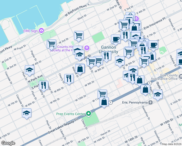 map of restaurants, bars, coffee shops, grocery stores, and more near 402 West 8th Street in Erie