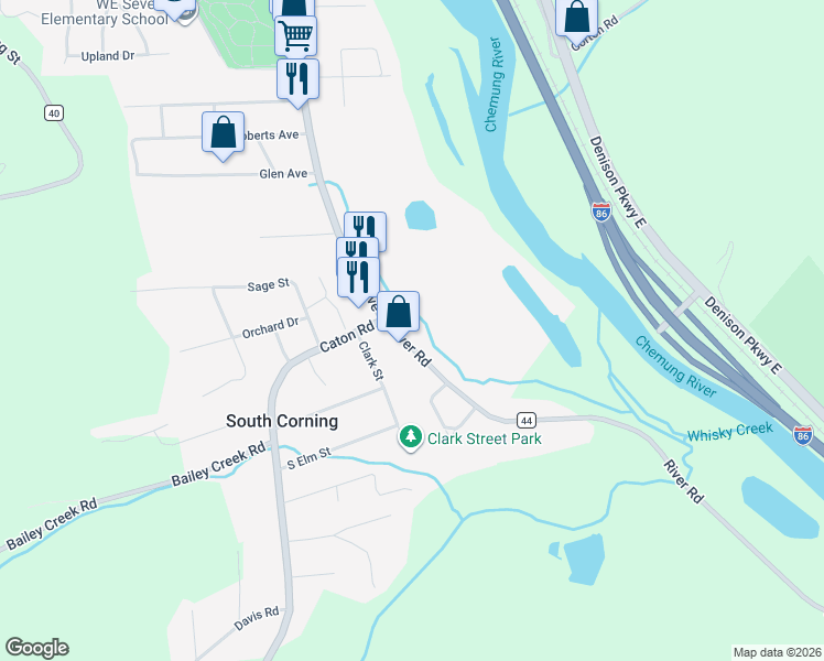 map of restaurants, bars, coffee shops, grocery stores, and more near 9 River Road in South Corning