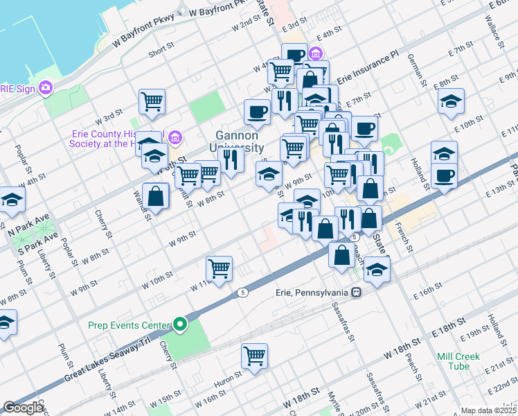 map of restaurants, bars, coffee shops, grocery stores, and more near 901 West 12th Street in Erie
