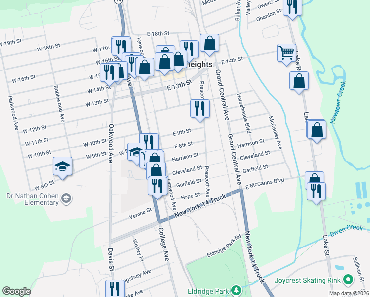 map of restaurants, bars, coffee shops, grocery stores, and more near 119 E 8th St in Elmira Heights