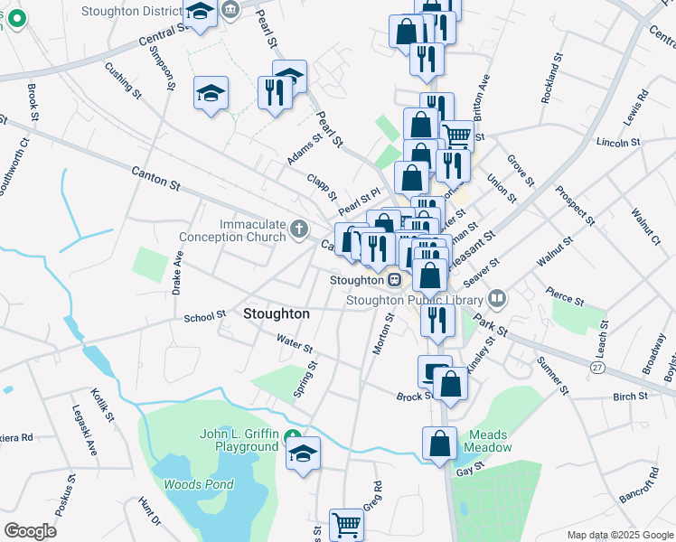 map of restaurants, bars, coffee shops, grocery stores, and more near 81 Summer Street in Stoughton
