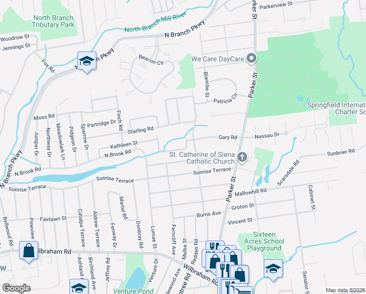 map of restaurants, bars, coffee shops, grocery stores, and more near 40 Timothy Circle in Springfield