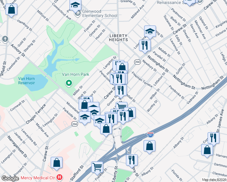 map of restaurants, bars, coffee shops, grocery stores, and more near 739-741 Carew Street in Springfield