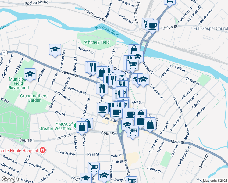 map of restaurants, bars, coffee shops, grocery stores, and more near in Westfield
