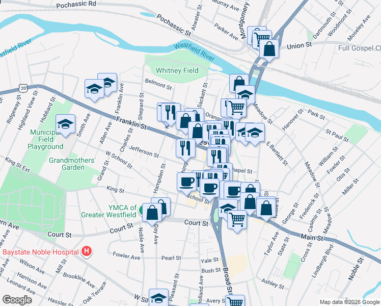 map of restaurants, bars, coffee shops, grocery stores, and more near 62 Washington Street in Westfield