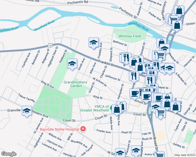 map of restaurants, bars, coffee shops, grocery stores, and more near 39 West School Street in Westfield