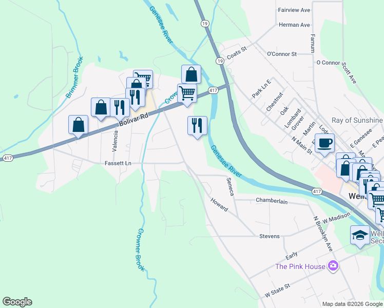 map of restaurants, bars, coffee shops, grocery stores, and more near 160 Seneca Street in Wellsville