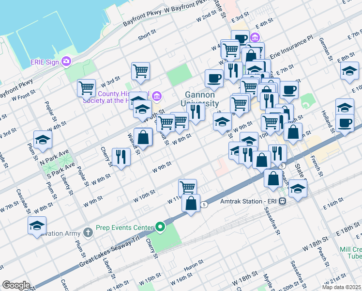 map of restaurants, bars, coffee shops, grocery stores, and more near 331 West 8th Street in Erie