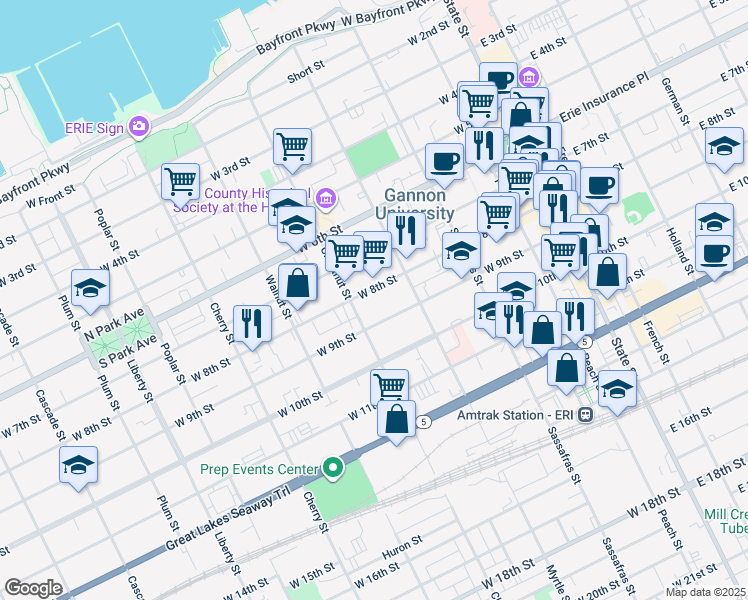 map of restaurants, bars, coffee shops, grocery stores, and more near 331 West 8th Street in Erie