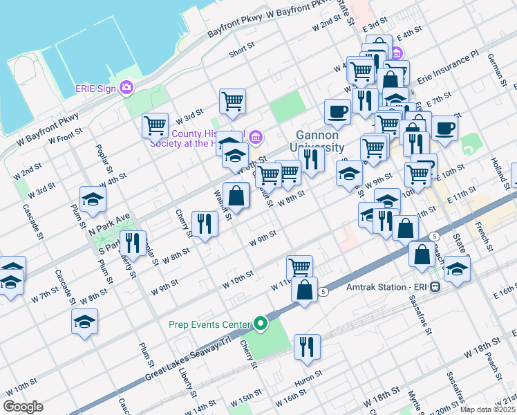 map of restaurants, bars, coffee shops, grocery stores, and more near 433 West 7th Street in Erie
