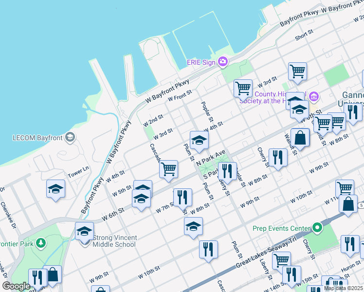 map of restaurants, bars, coffee shops, grocery stores, and more near 825 West 4th Street in Erie