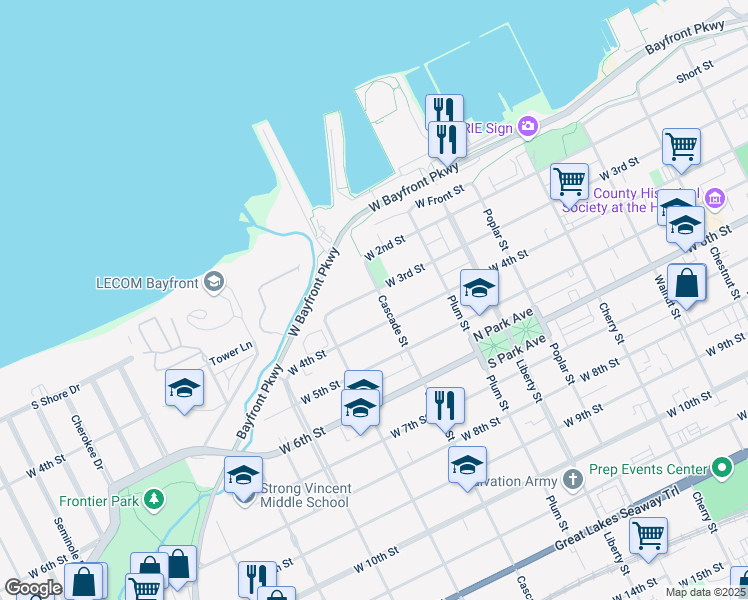 map of restaurants, bars, coffee shops, grocery stores, and more near in Erie
