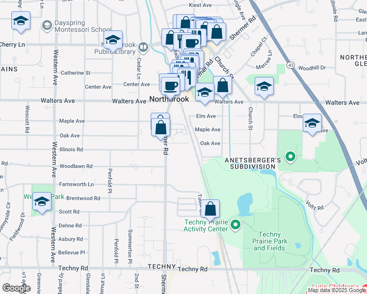 map of restaurants, bars, coffee shops, grocery stores, and more near 1923 Oak Avenue in Northbrook